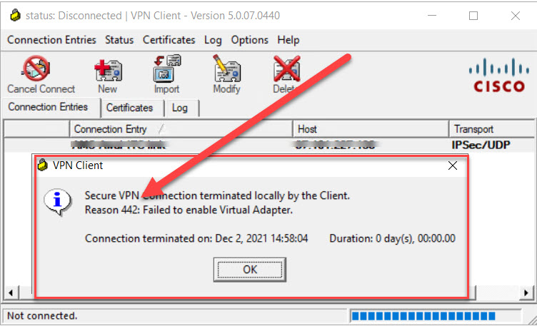 cisco vpn client windows 10 error 442 unable to enable virtual adapter